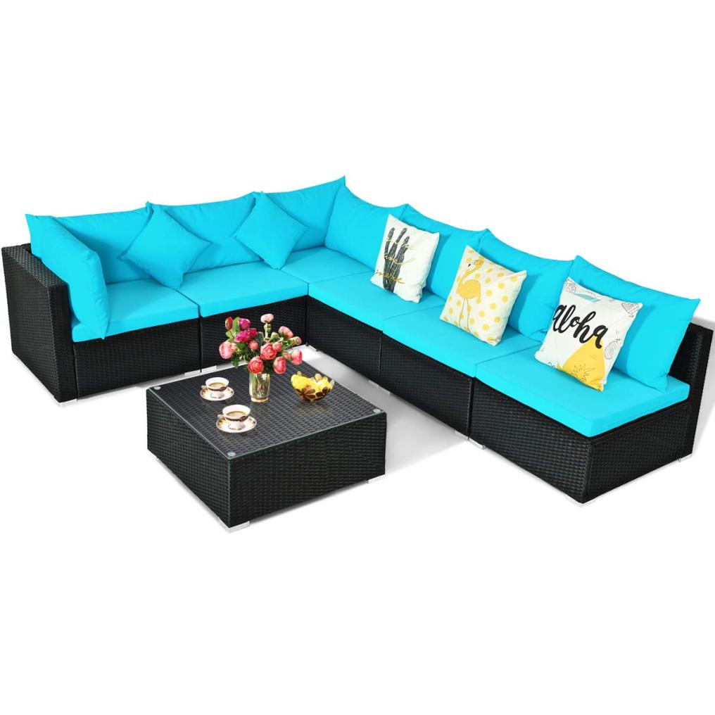 7-Piece Outdoor Sectional Wicker Patio Sofa Set with Tempered Glass Top