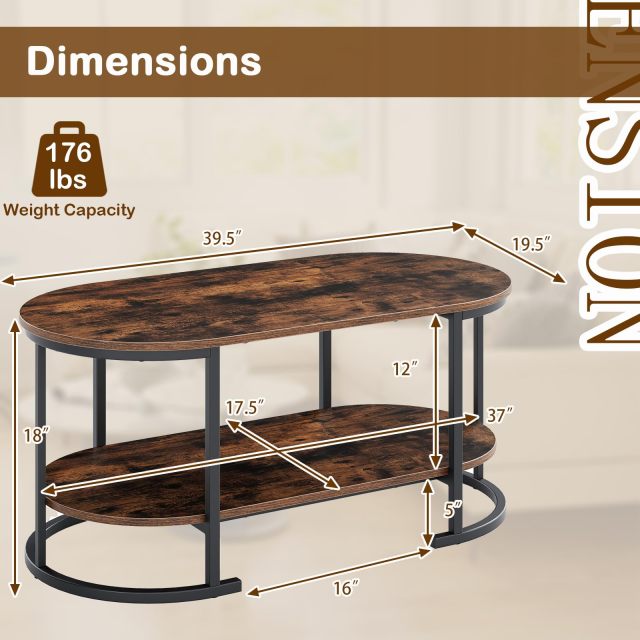 Industrial Wooden Oval Coffee Table with Storage