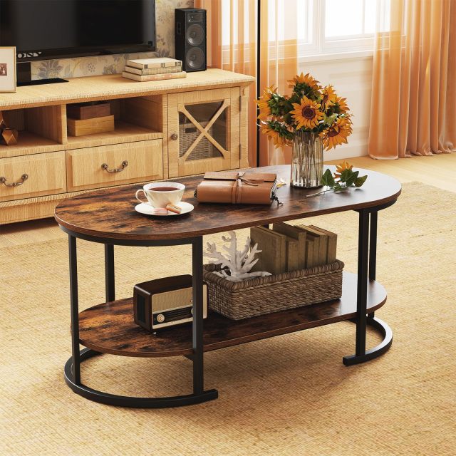 Industrial Wooden Oval Coffee Table with Storage
