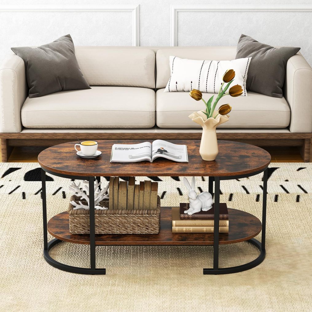 Industrial Wooden Oval Coffee Table with Storage
