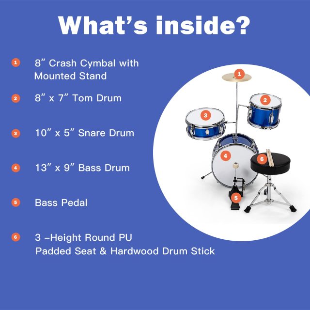 Kids Drum Set 16” Junior Drum Kit with Bass/Snare/Toms/Floor Drum