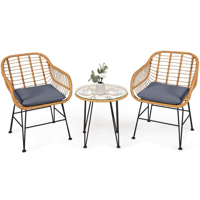 3-Piece Rattan Patio Bistro Set with 2 Cushioned Armchairs & Coffee Table