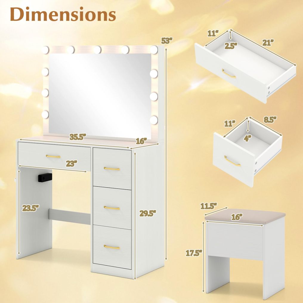 35.5 inch Modern Vanity Desk with Mirror and Lights