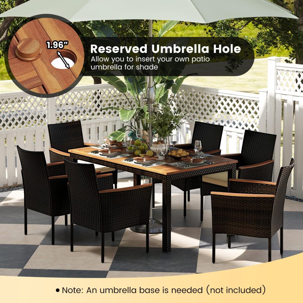 7 Piece PE Rattan Wicker Patio Furniture Set with Wood Table & Cushioned Armchairs