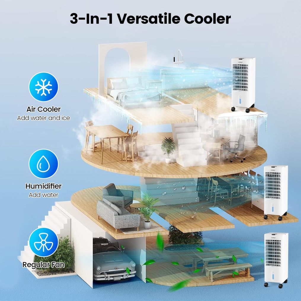 Evaporative Air Cooler, 3-in-1 Quiet 60° Oscillation Fan with Remote Control, 2 Ice Packs, 3 Speeds, 3 Modes, 12H Timer