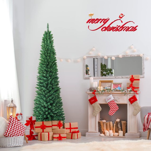 7FT Pencil Christmas Tree Slim Skinny Hinged Pine Tree with PVC Material