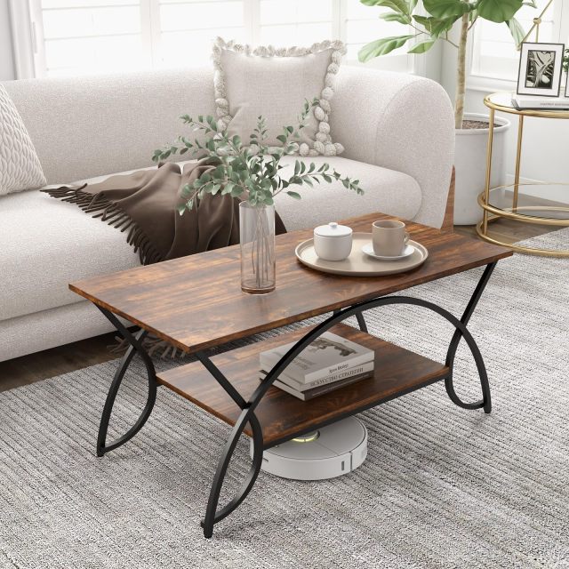 2-Tier Coffee Table Industrial Wood Accent Table with Storage Shelf and Black Finished Metal Frame
