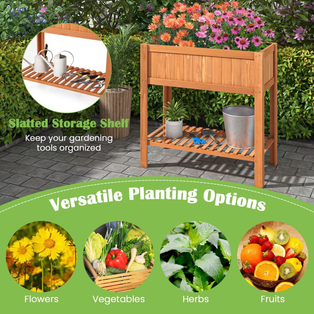 Wood Planter Box with Storage Shelf and for Vegetables ( 39" x 20" x 39" )