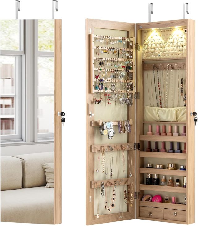 Wall Door Mounted Jewelry Organizer w/Full-length Mirror and 2 LED Lights