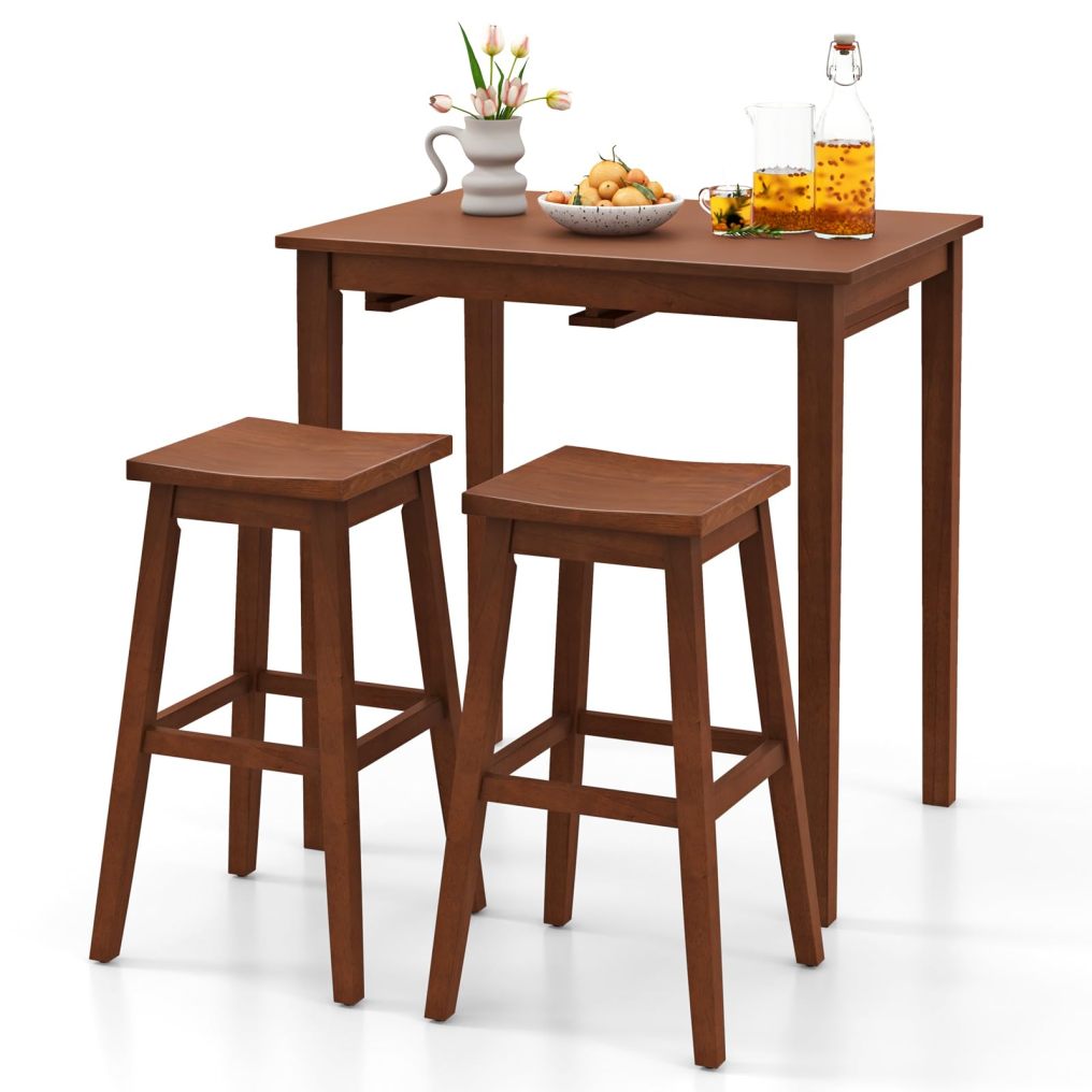Wooden Bistro Set w/Pub Table and 2 Saddle Stools