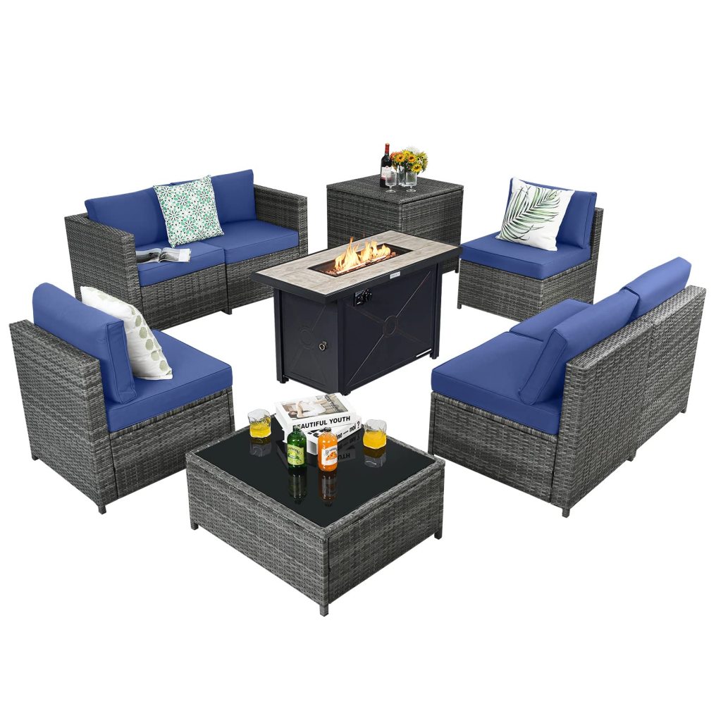 9 Piece Patio Furniture Set with 42'' Fire Pit Table for Poolside Backyard