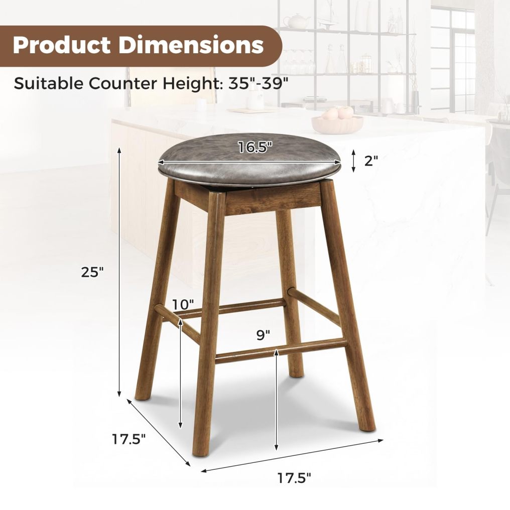 Round PU Leather 25 inch Counter Height Chairs with Rubber Wood Frames