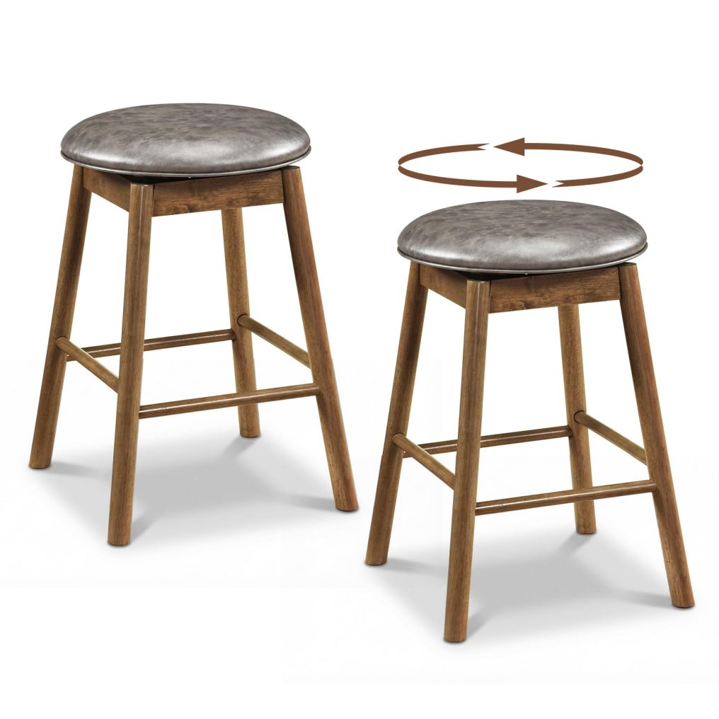 Round PU Leather 25 inch Counter Height Chairs with Rubber Wood Frames