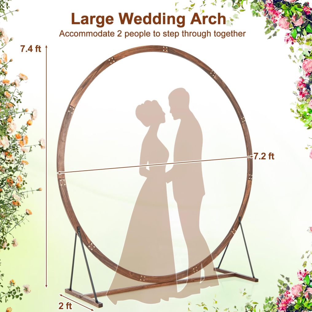 7.4 FT Wooden Wedding Arch for Ceremony | Round Solid Wood Arch Stand