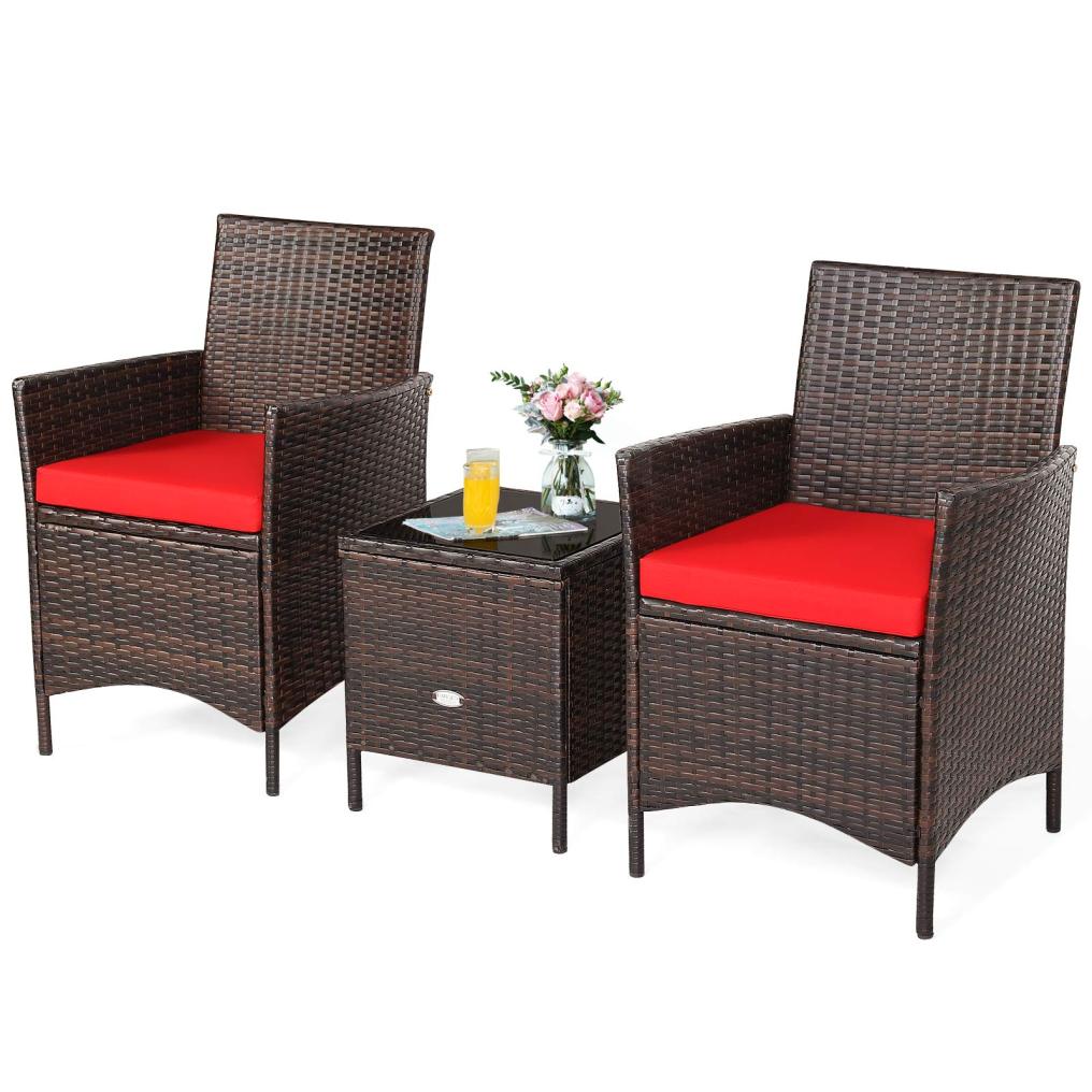 3 Pieces Patio Rattan Furniture Set with Tempered Glass Tabletop