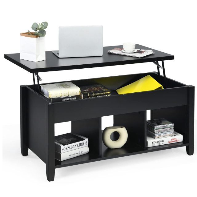 Lift Top Coffee Table with Hidden Storage Compartment & 3 Open Shelves