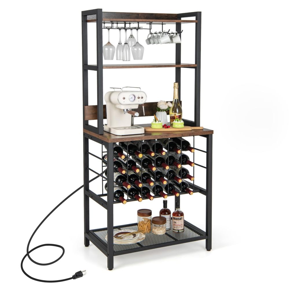 Wine Bar Cabinet with Power Outlets 4-Tier Floor Liquor Bar Cabinet