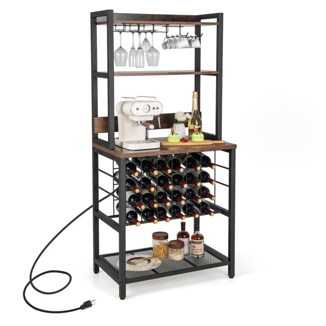 Wine Bar Cabinet with Power Outlets 4-Tier Floor Liquor Bar Cabinet