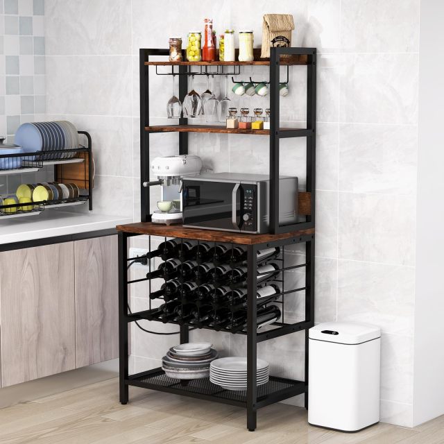 Wine Bar Cabinet with Power Outlets 4-Tier Floor Liquor Bar Cabinet