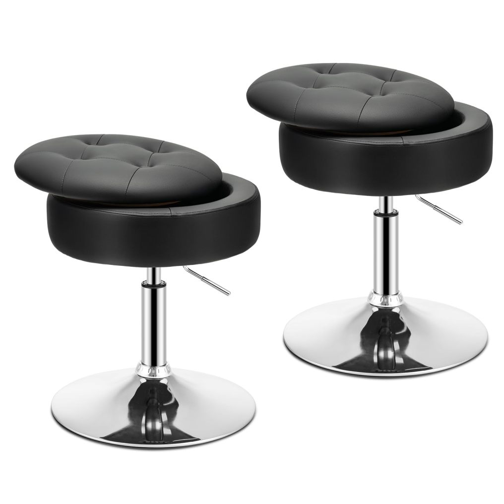 Adjustable Swivel Vanity Stool 360° Swivel 20"-26" Height Adjustable Tufted Round PU Leather Ottoman with Storage