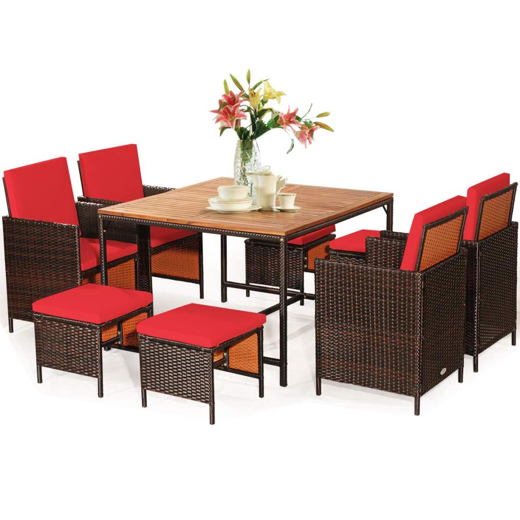 9PCS Patio Rattan Dining Set with Ottomans for Backyard Garden