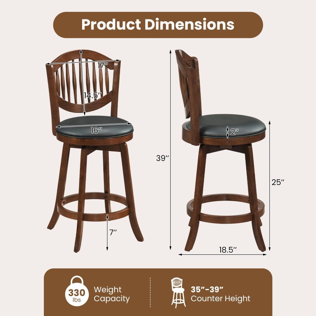 25/30 Inch Counter Height Barstools with Backrests and Wood Frame