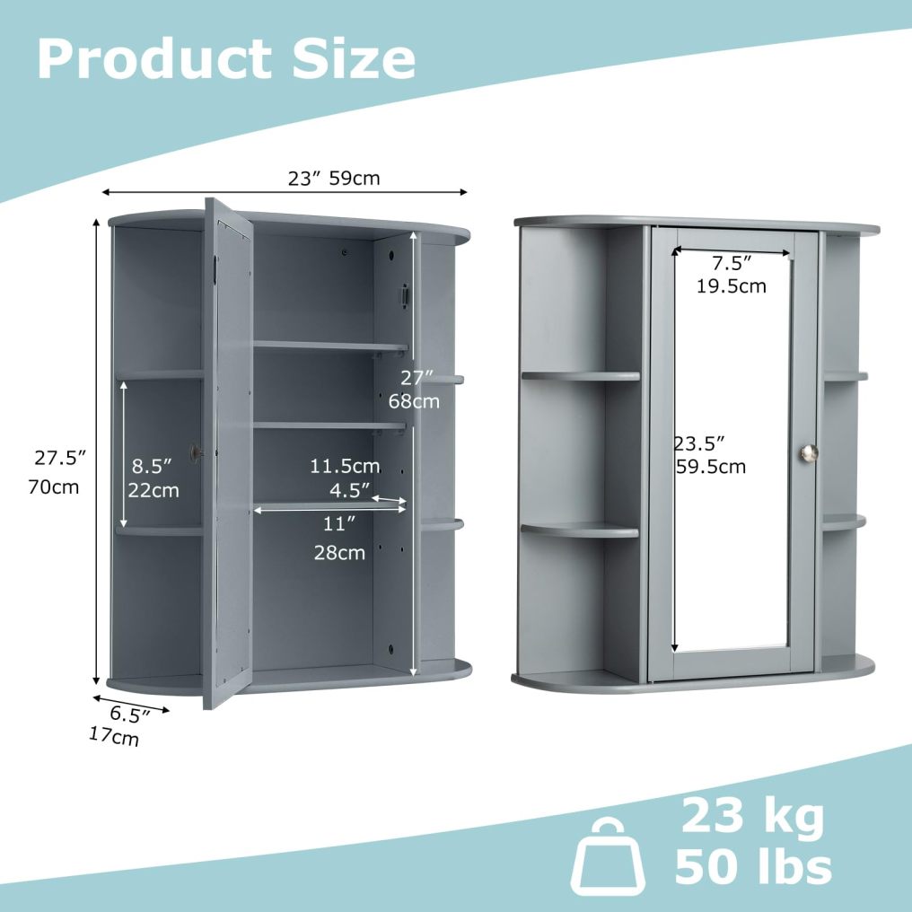 Wall Mounted Bathroom Cabinet with Mirror Door for Living Room Kitchen Entryway