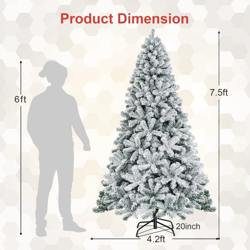 7.5 FT Snow Flocked Christmas Tree Artificial Holiday Hinged Pine Tree with 1010 Branch Tips