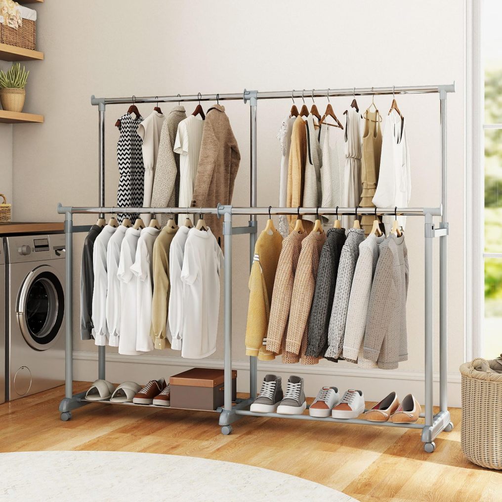 Heavy-Duty Double Rod Clothing Rack with Extendable Height & Width
