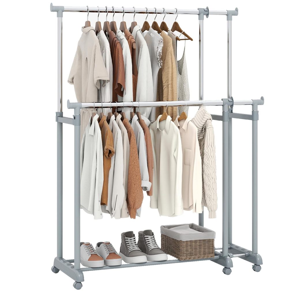 Heavy-Duty Double Rod Clothing Rack with Extendable Height & Width
