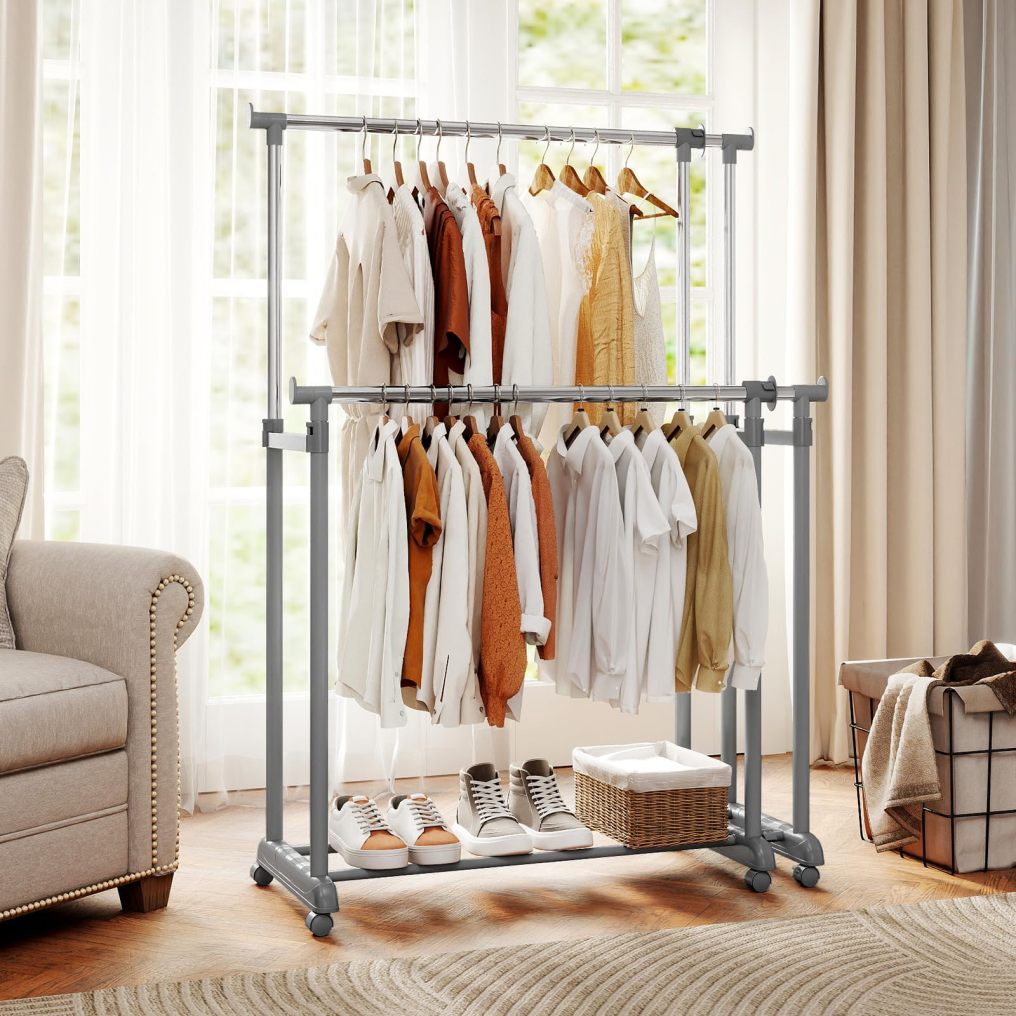 Heavy-Duty Double Rod Clothing Rack with Extendable Height & Width