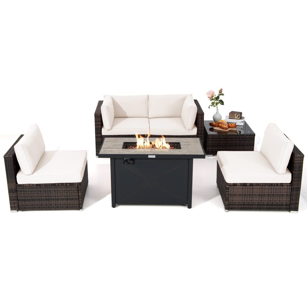 6 Piece Patio Furniture Set with 42'' Fire Pit Table for Backyard