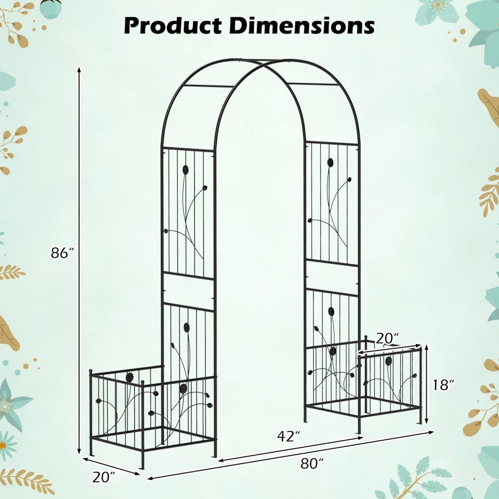 2-in-1 Garden Arch with 2 Side Planters | 86" Metal Arch Trellis for Climbing Plants