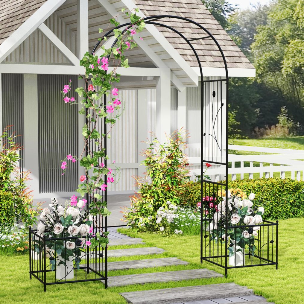 2-in-1 Garden Arch with 2 Side Planters | 86" Metal Arch Trellis for Climbing Plants