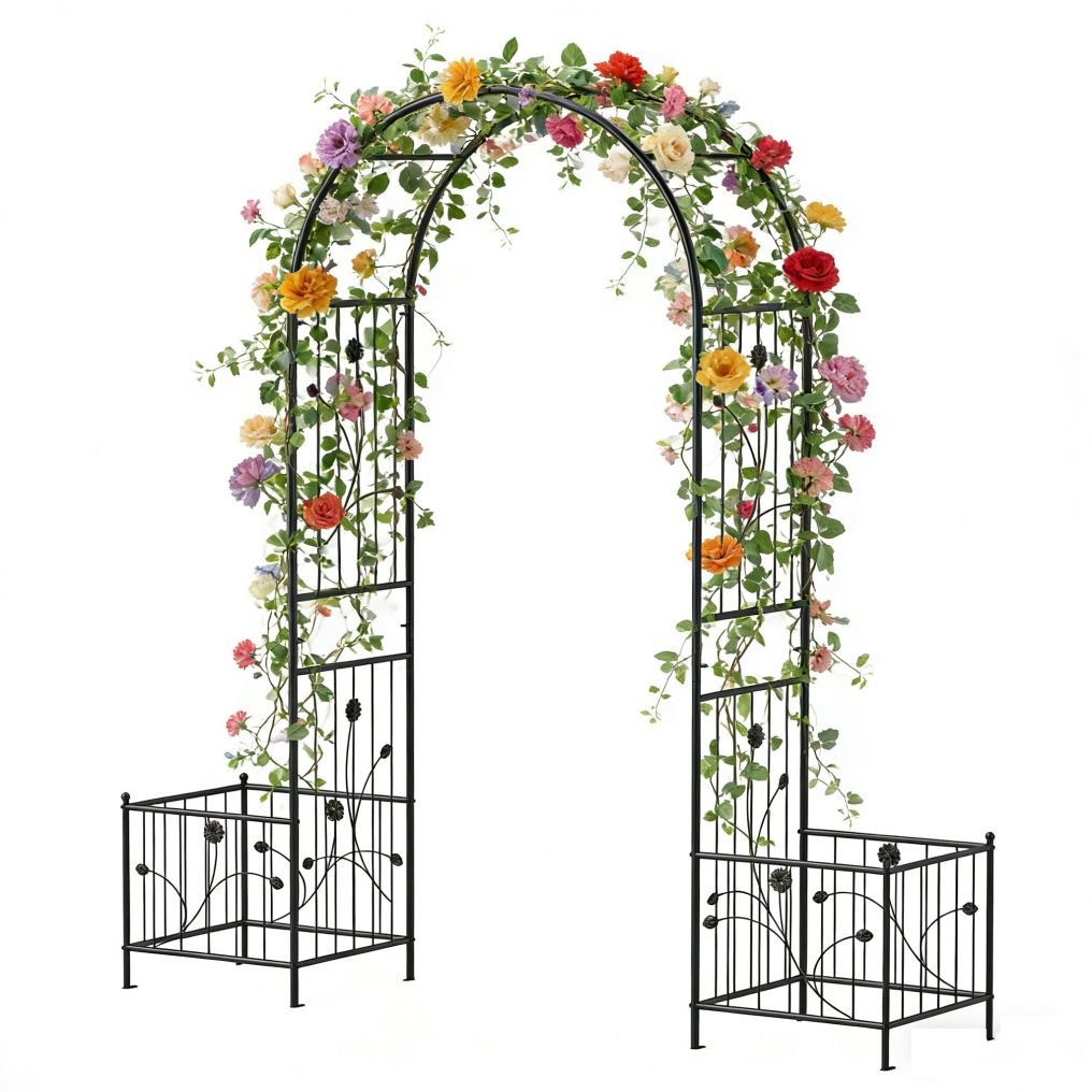 2-in-1 Garden Arch with 2 Side Planters | 86" Metal Arch Trellis for Climbing Plants