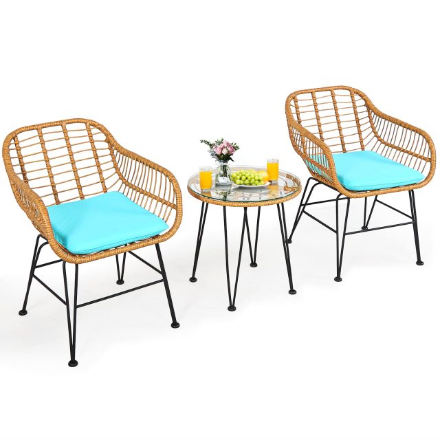 3-Piece Rattan Patio Bistro Set with 2 Cushioned Armchairs & Coffee Table