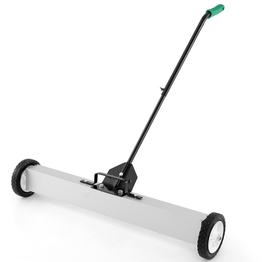 Magnetic Sweeper with Wheel with Telescoping Handle for Garage Yard