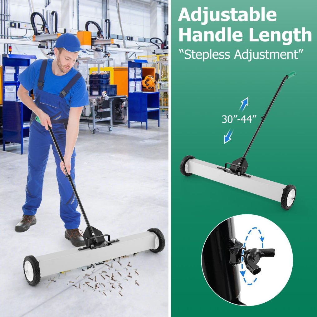 Magnetic Sweeper with Wheel with Telescoping Handle for Garage Yard