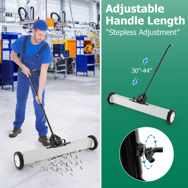 Magnetic Sweeper with Wheel with Telescoping Handle for Garage Yard