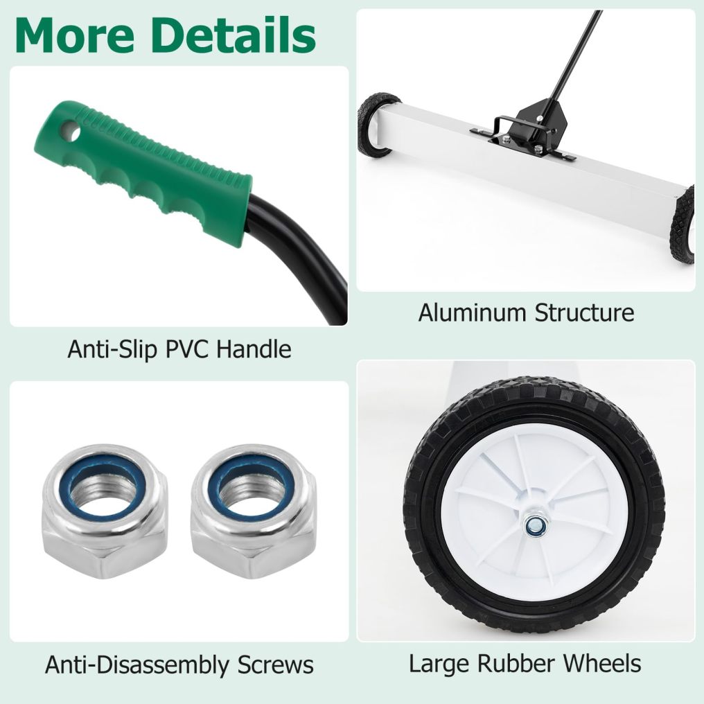 Magnetic Sweeper with Wheel with Telescoping Handle for Garage Yard