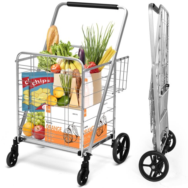 Folding Shopping Cart Extra Jumbo Double Basket Grocery Cart with 360° Swivel Rolling Bearing Wheels