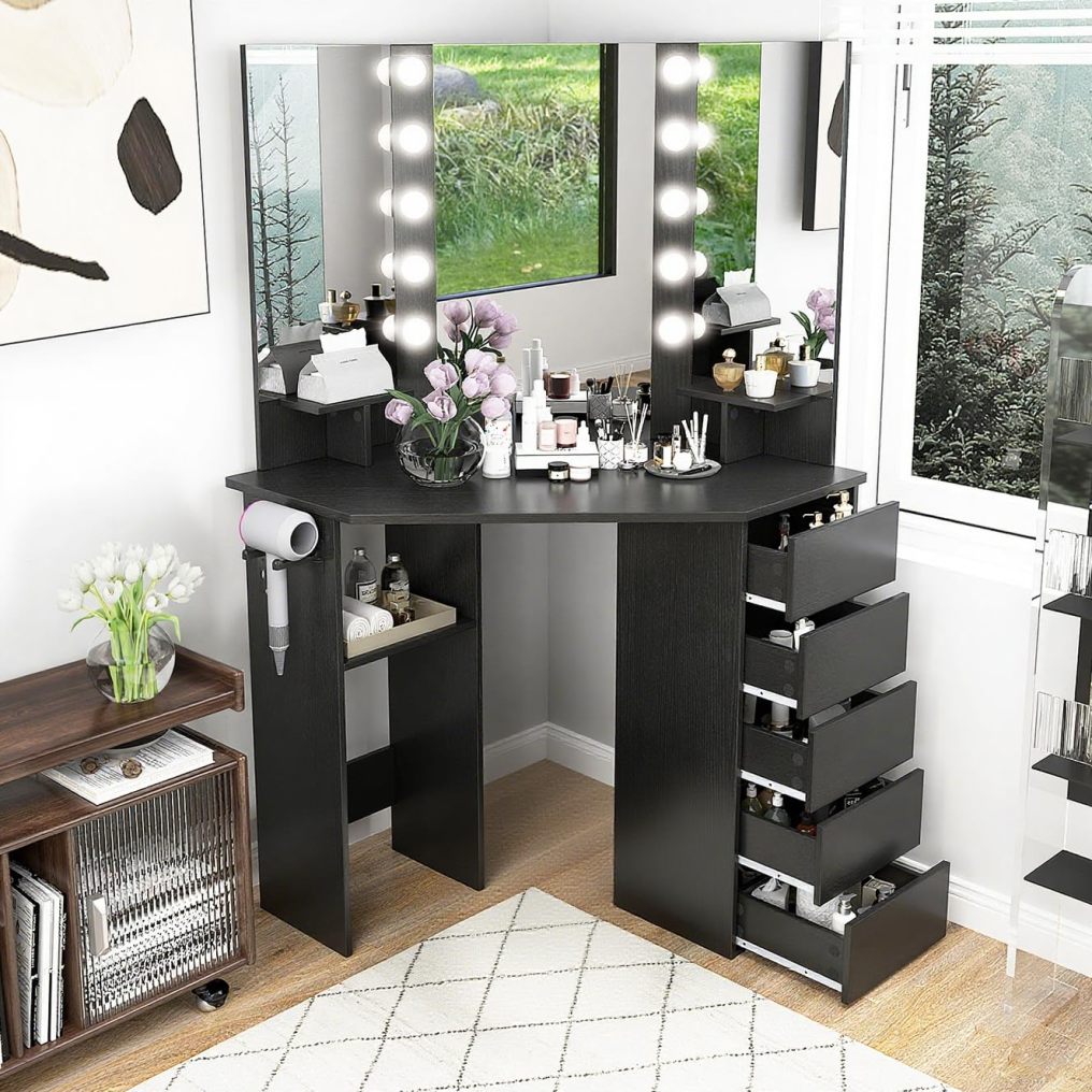 Corner Vanity Desk with Mirror and Lights for Women