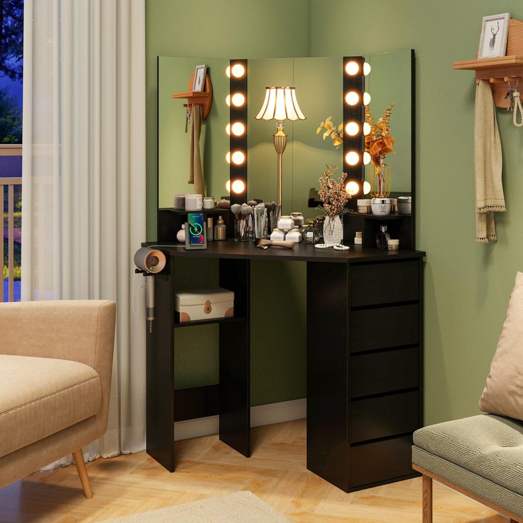 Corner Vanity Desk with Mirror and Lights for Women