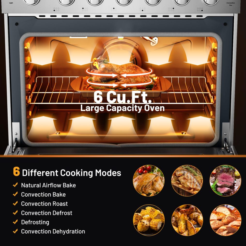 36 Inches Natural Gas Range, with 6 Burners Cooktop & 6 Cu.Ft. Convection Oven, Storage Drawer