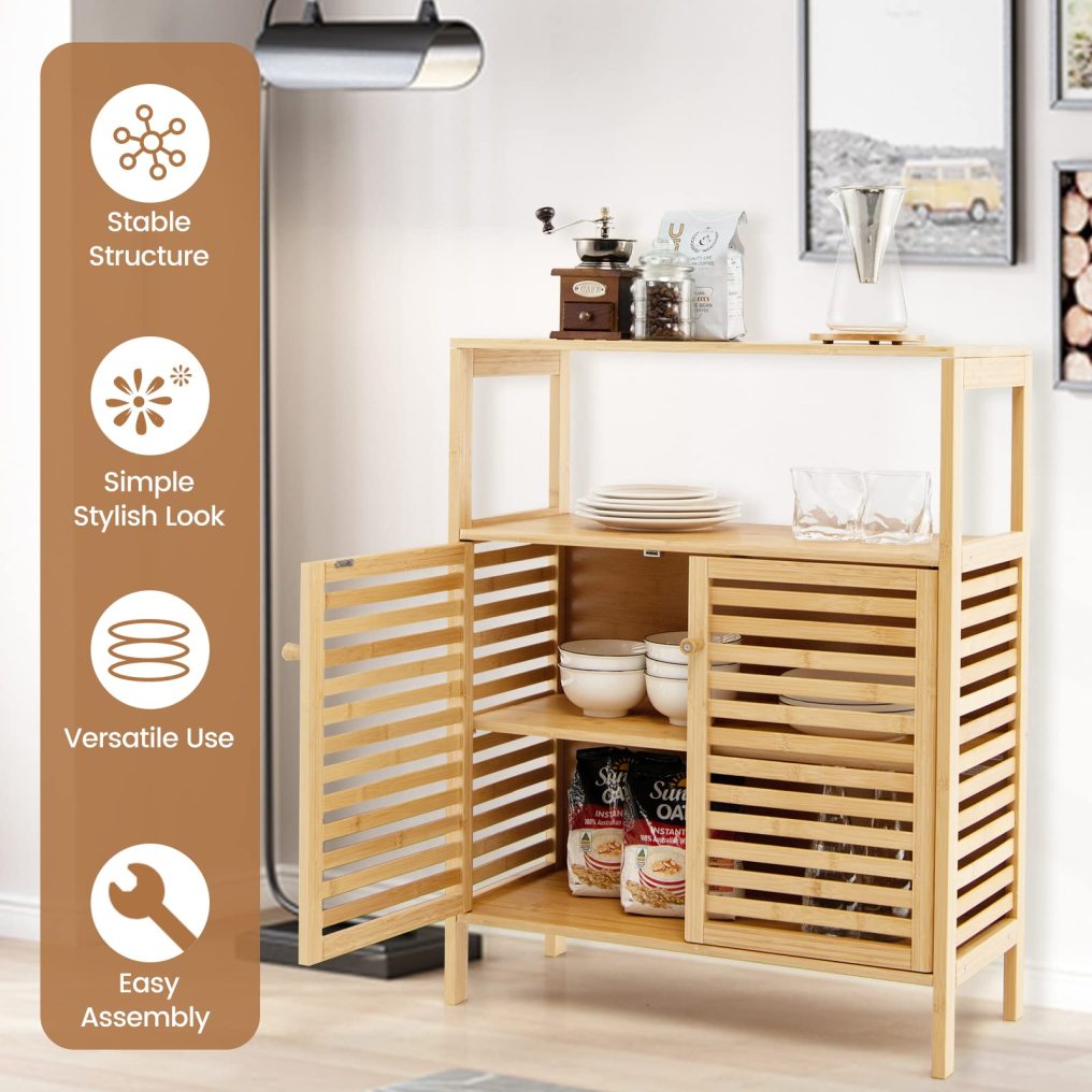 Bamboo Bathroom Cabinet with Louver Doors & Removable Shelf