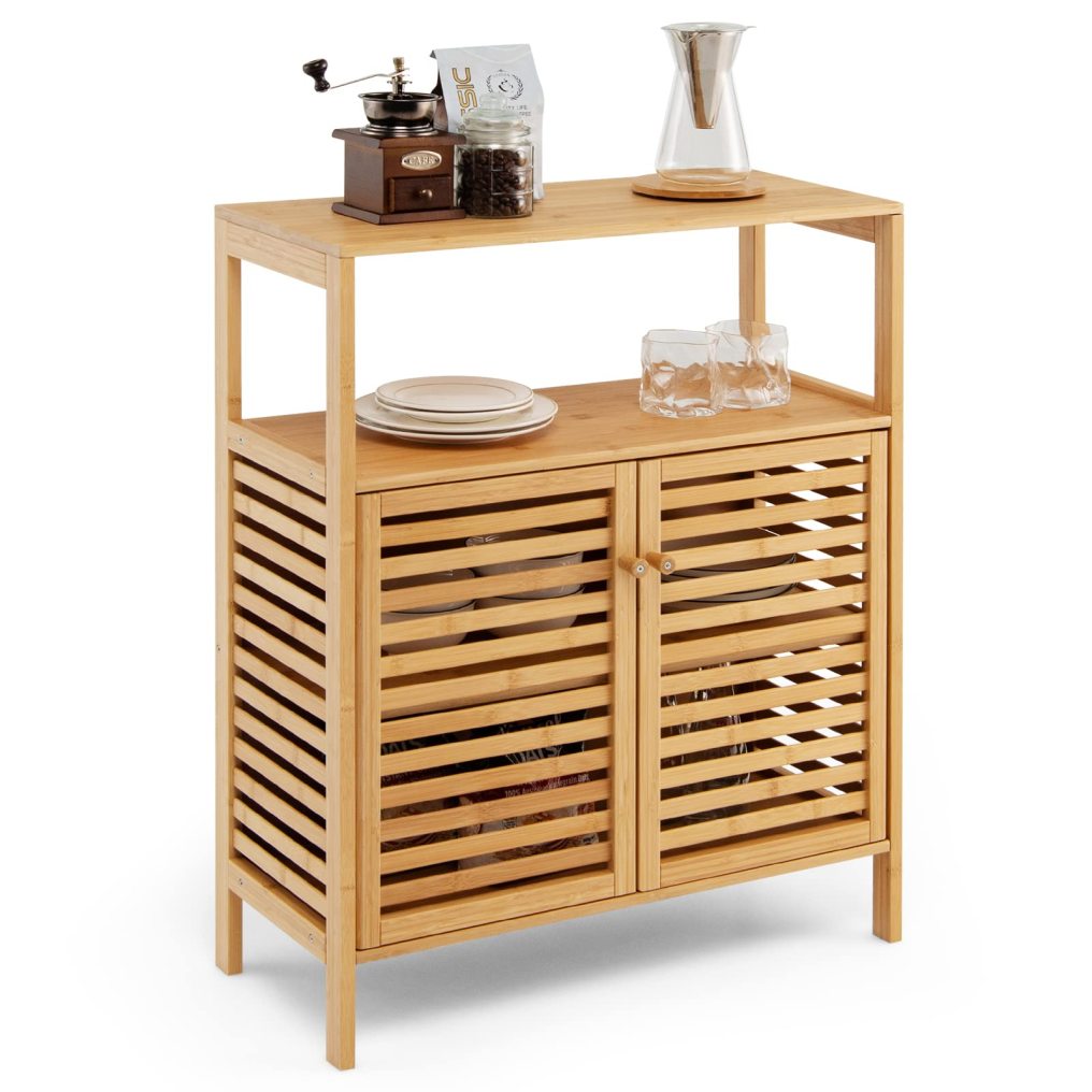 Bamboo Bathroom Cabinet with Louver Doors & Removable Shelf