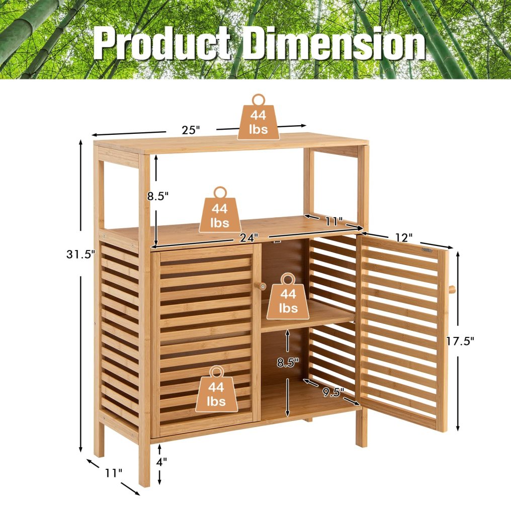 Bamboo Bathroom Cabinet with Louver Doors & Removable Shelf
