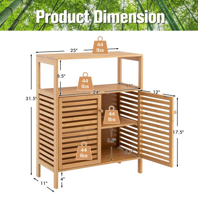 Bamboo Bathroom Cabinet with Louver Doors & Removable Shelf