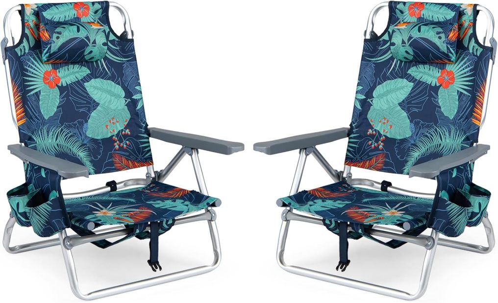 Portable Folding Backpack Beach Chairs Set of 2 with 5-Position Backrest