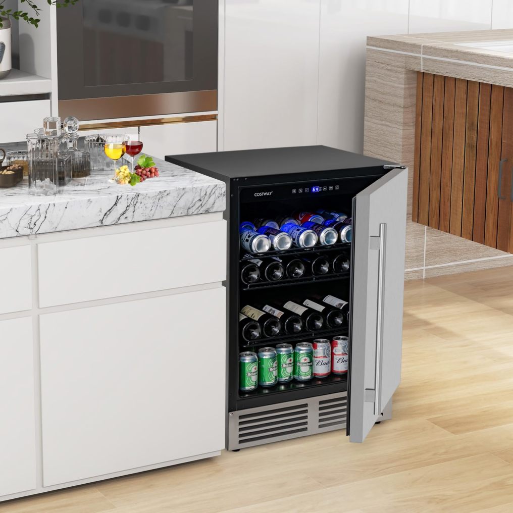 24 Inch Beverage Fridge, 190 Cans Under Counter Drink Fridge w/Stainless Steel Door & Removable Shelves